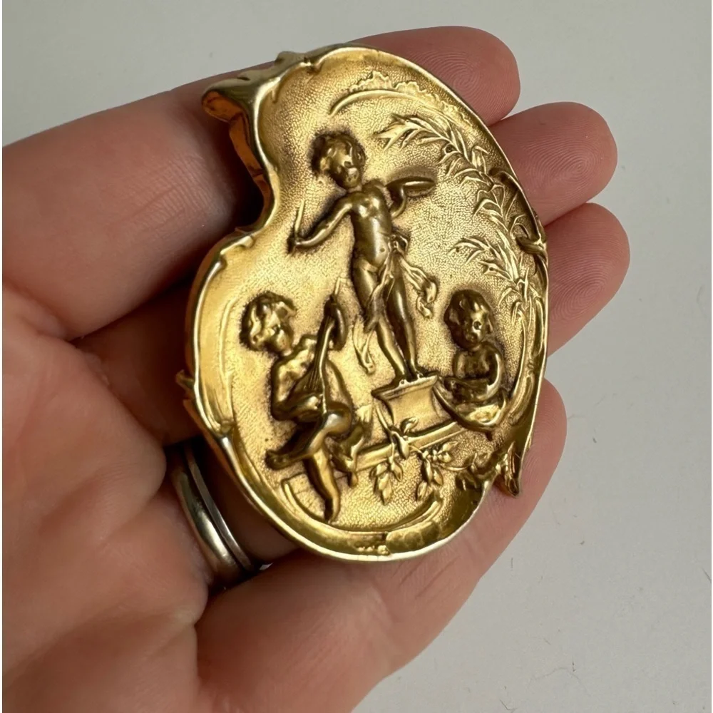 Vintage Cherub Brooch Art Nouveau Style Gold Plated Angel Pin Estate‎ Piece